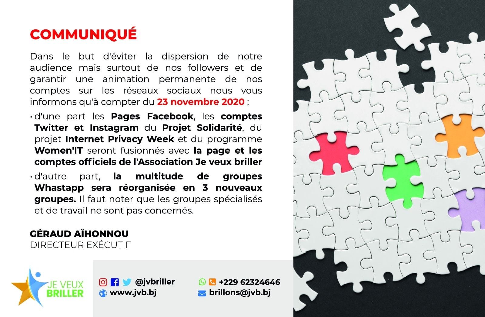 Communiqué : Réorganisation des réseaux sociaux de l'association
